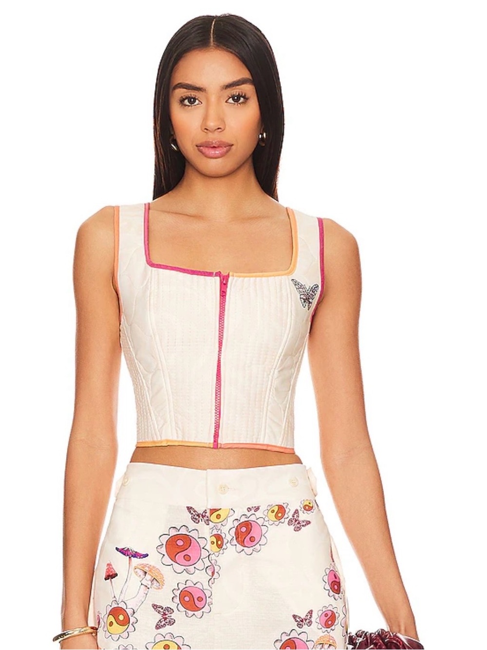 Agua Bendita Cream Crop Top with Pink and Orange Trim